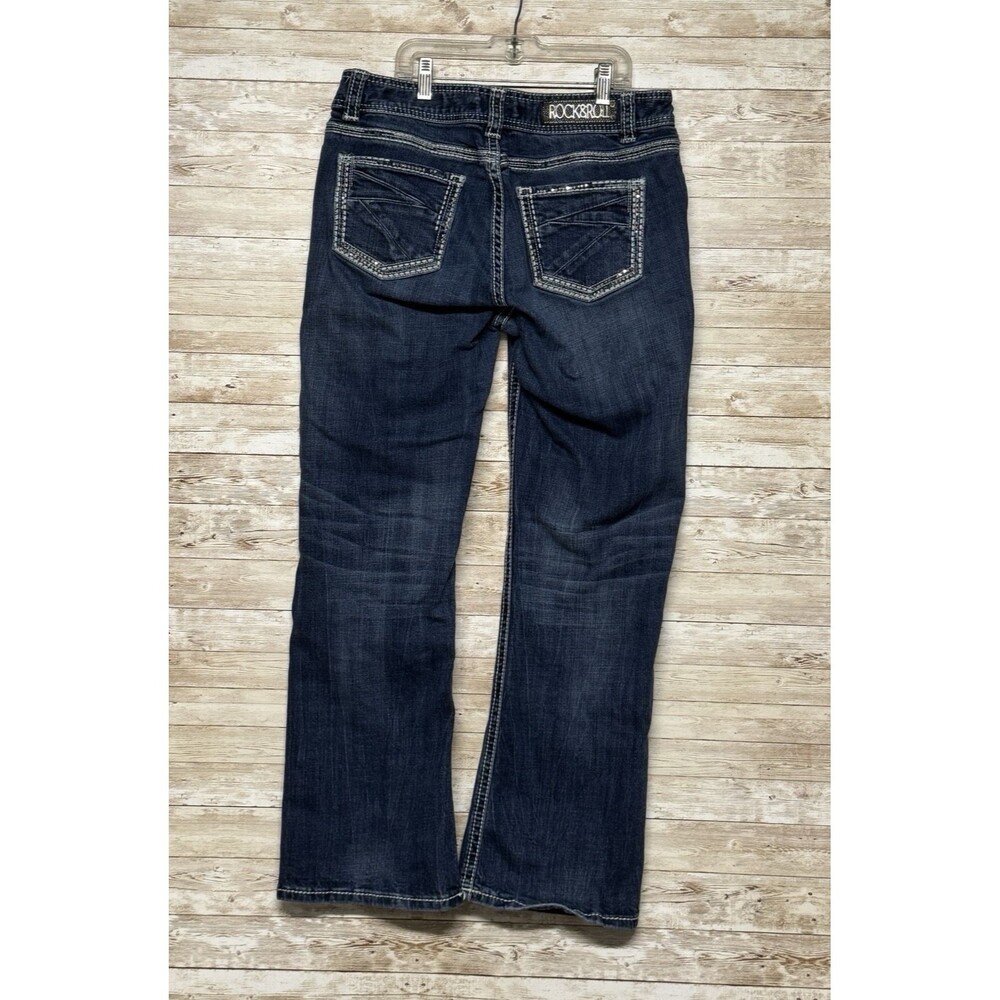 Rock & Roll Cowgirl Jeans Womens 33 Mid Rise Bootcut Dark Stone Wash Rhinestones
